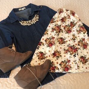 Full Knee Length Floral Cream Skirt